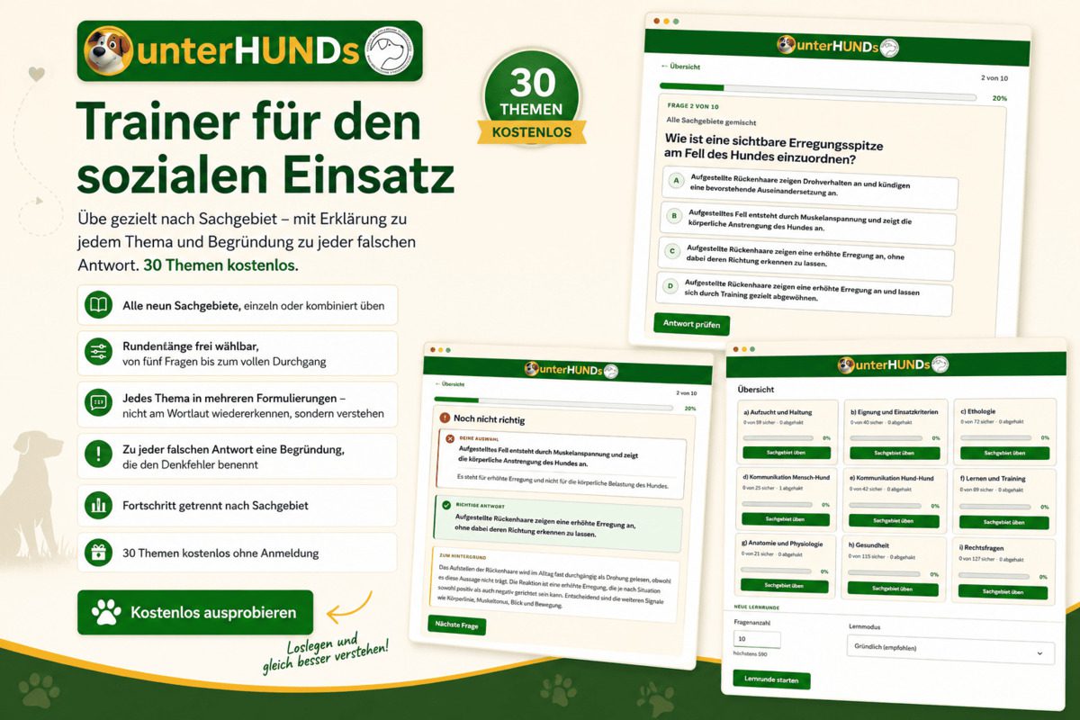 unterHUNDs Trainer für den sozialen Einsatz: Übungsfragen nach Sachgebiet mit Erklärung zu jeder Antwort, 30 Themen kostenlos