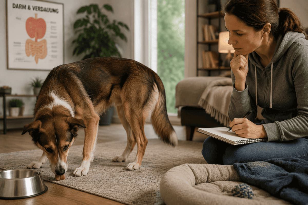Hund zeigt wiederkehrendes Leckverhalten während einer Verhaltensbeobachtung möglicher körperlicher Ursachen im Verdauungstrakt.