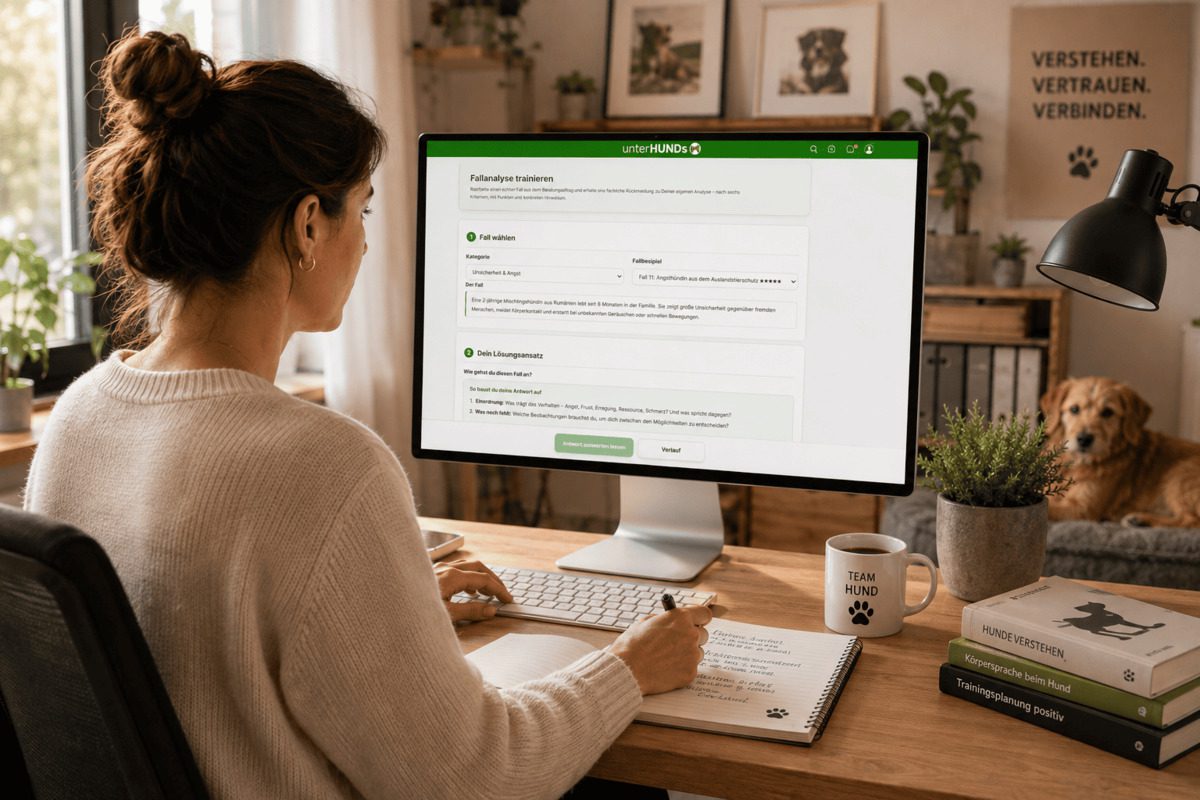 Hundetrainerin arbeitet am Computer mit dem Fallanalyse-Trainer von unterHUNDs und analysiert einen Hundefall auf einer digitalen Lernplattform.