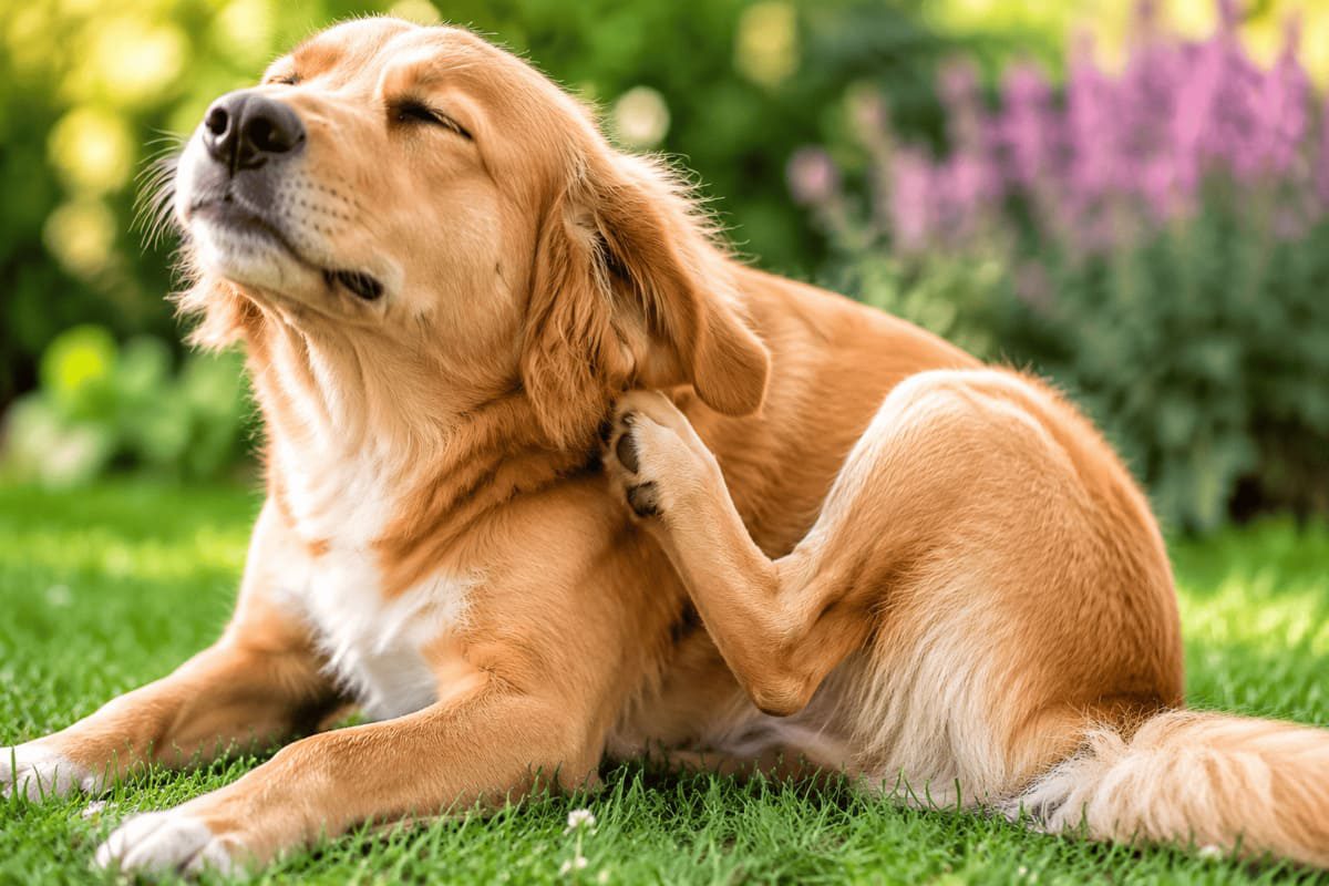 Hund kratzt sich mit der Hinterpfote am Hals im Garten. Der Hund zeigt ein typisches Verhalten bei Juckreiz und Hautproblemen, während er auf einer Wiese im Freien sitzt. Das Bild symbolisiert die Ursachenabklärung von Juckreiz beim Hund und die Bedeutung einer gezielten Behandlung statt reiner Symptombekämpfung.