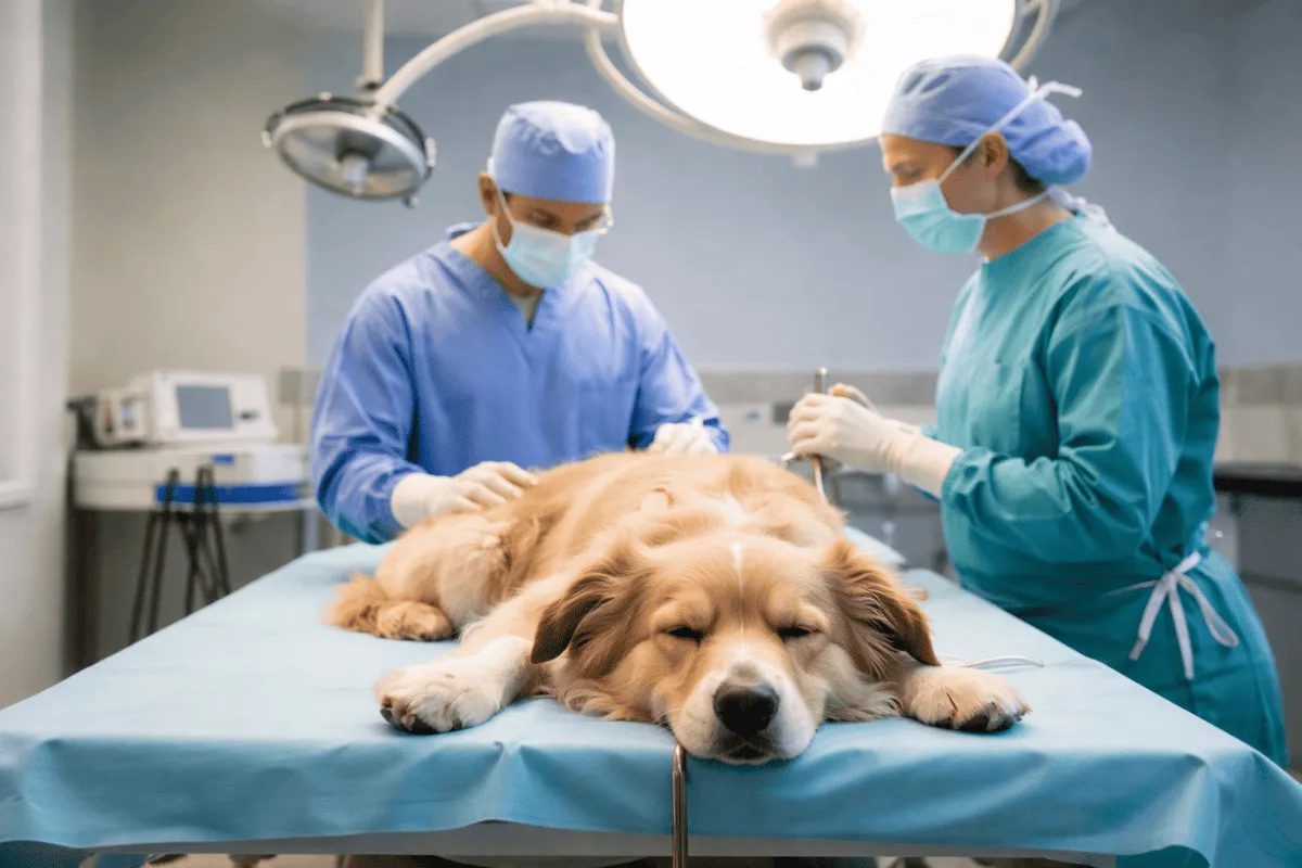 Tierarztteam führt eine Kastration bei einem Rüden im Operationssaal durch – Hund liegt unter Narkose auf dem OP-Tisch