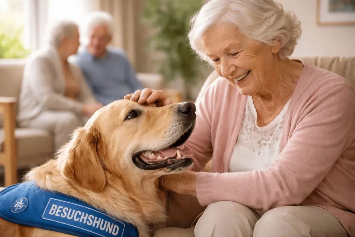 Besuchshund im Seniorenheim: Ältere Frau streichelt einen freundlichen Golden Retriever während eines Besuchshund-Einsatzes in einer Pflegeeinrichtung.