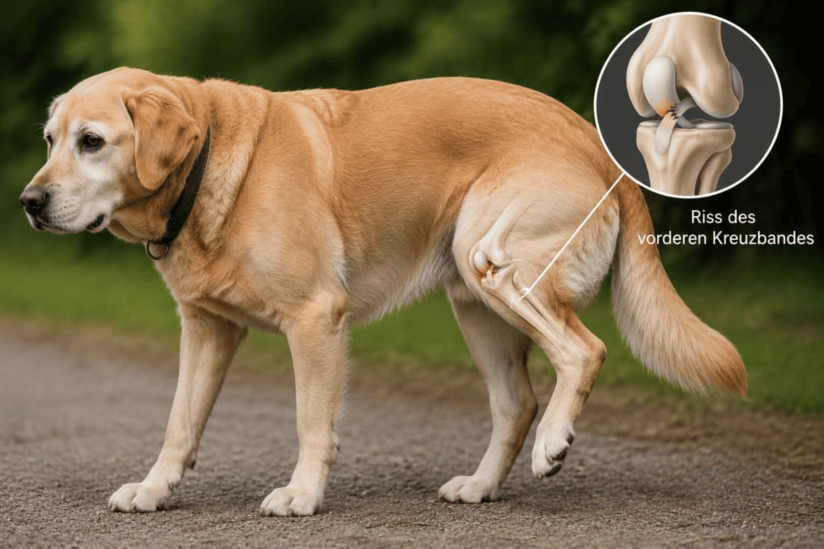 Hund mit entlastetem Hinterbein auf einem Waldweg als Symbol für einen Kreuzbandriss beim Hund. Eine medizinische Darstellung zeigt die Anatomie des Kniegelenks mit beschädigtem vorderen Kreuzband. Das Bild veranschaulicht Symptome, Ursachen und die Diagnose einer Kreuzbandverletzung beim Hund.