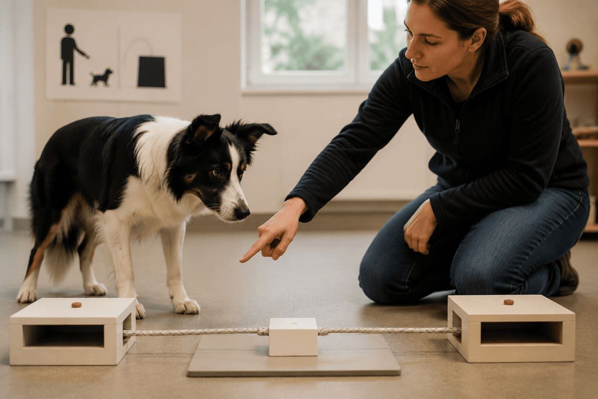 Hund bearbeitet eine kognitive Aufgabe mit menschlicher Unterstützung zur Untersuchung von sozialer und physikalischer Kognition.
