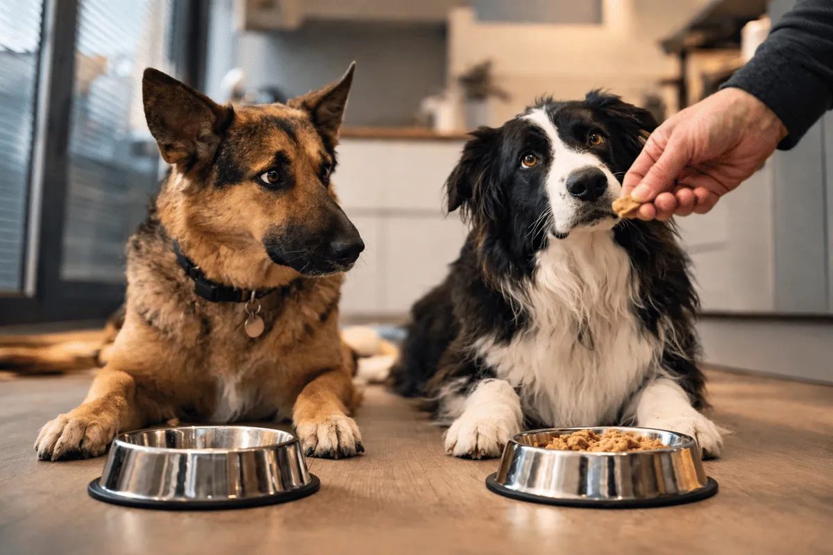 Zwei Hunde, einer wird belohnt, der andere schaut zu – Beispiel für Fairness und Ungleichbehandlung beim Hund