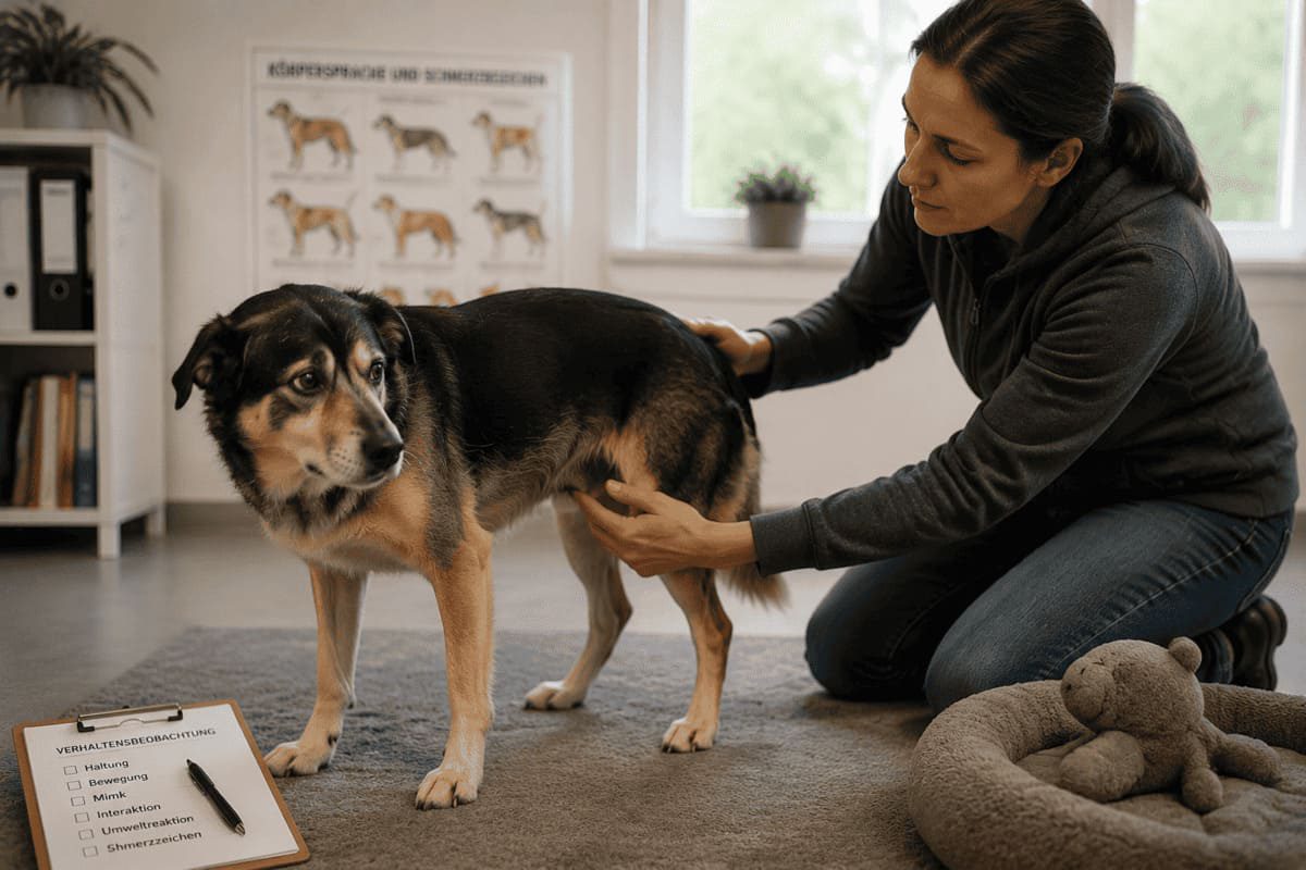 Hund wird bei einer Verhaltenseinschätzung auf mögliche schmerzbedingte Verhaltensveränderungen untersucht.
