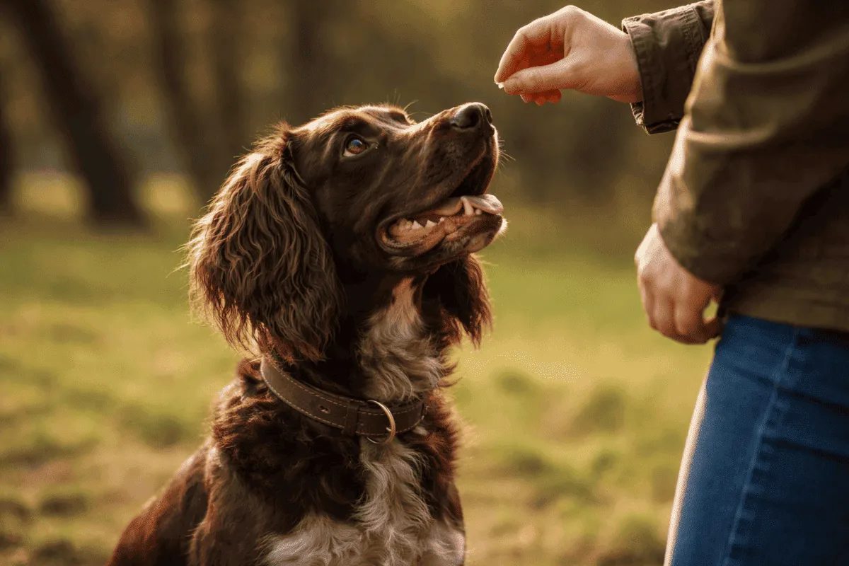 Brauner Wachtelhund erhält beim Training ein Leckerli von seinem Halter – Beispiel für Motivation im Hundetraining durch positive Verstärkung.