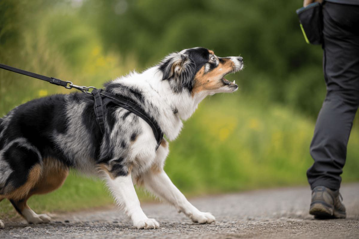 Hund zeigt erhöhte Aufmerksamkeit und Frustration an der Leine, weil ein gewünschtes Ziel während einer Verhaltenstrainingssituation nicht erreichbar ist.