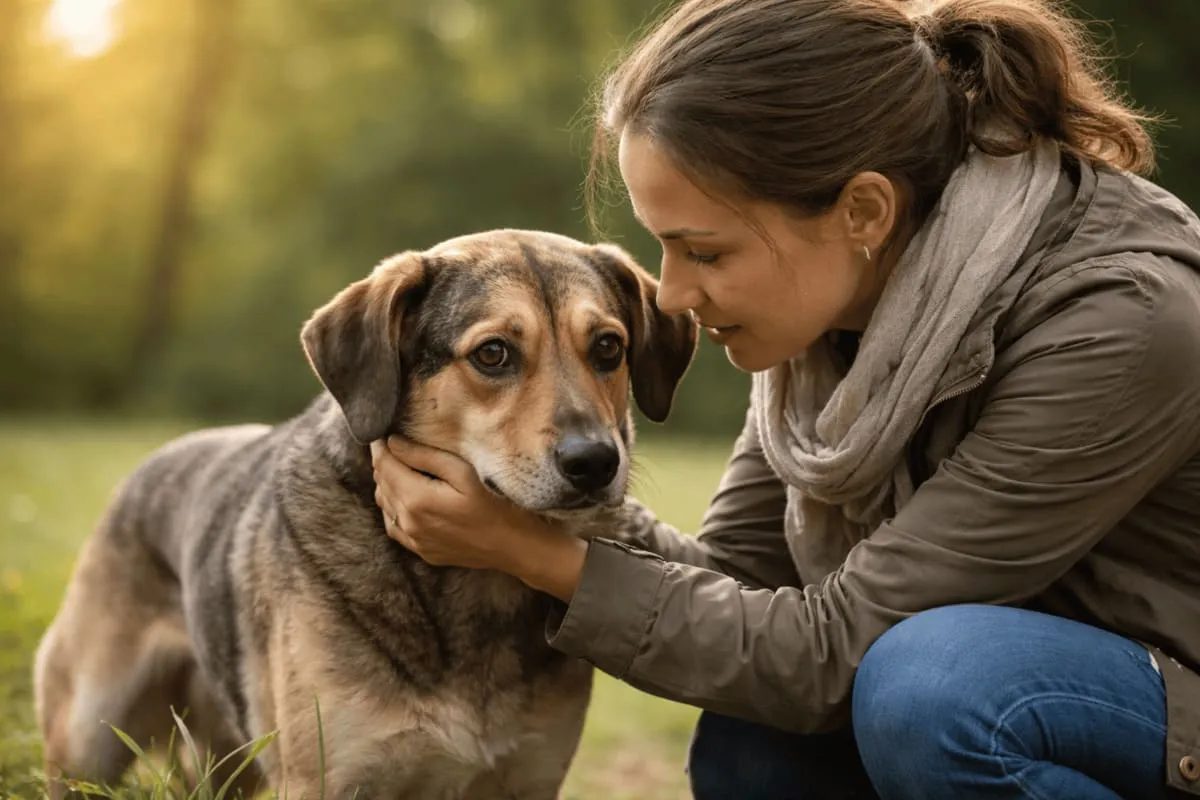 Unsicherer Hund sucht Nähe bei seinem Besitzer – Beispiel für Angstverhalten beim Hund und unterstützendes Training.