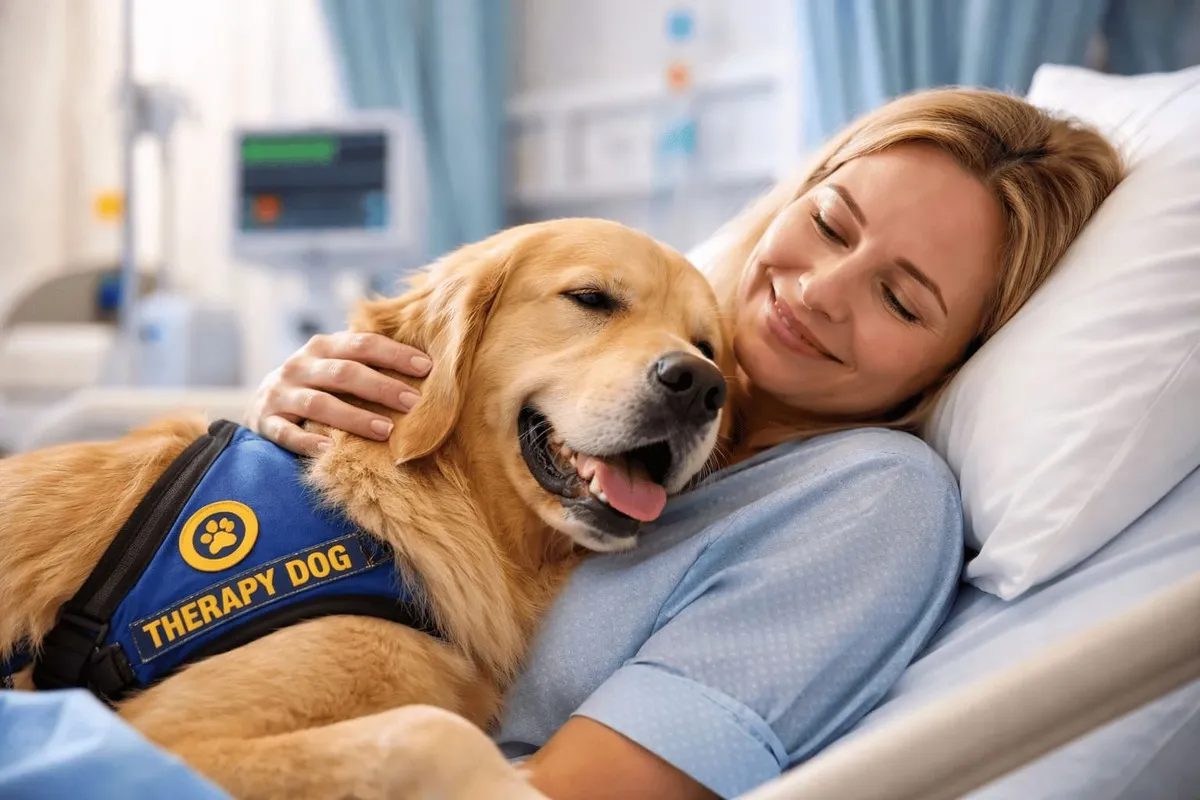 Therapiehund liegt neben Patientin im Krankenhausbett und wird gestreichelt – Beispiel für die beruhigende und schmerzlindernde Wirkung von Hunden auf Menschen