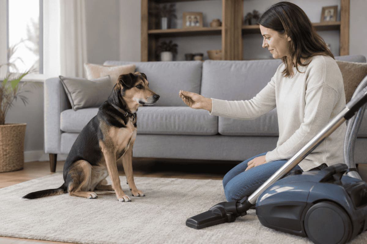 Hund lernt eine neue positive Erfahrung mit einem früher angstauslösenden Staubsauger während einer Verhaltenstrainingssituation.