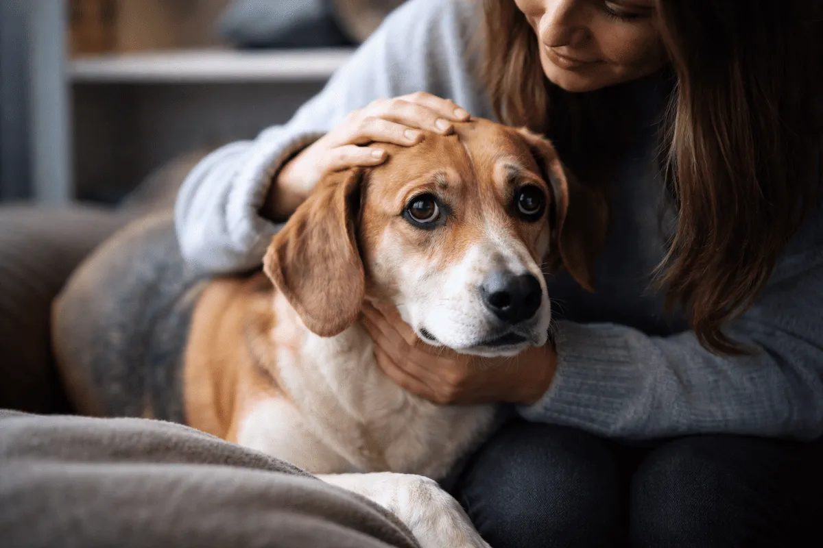 Frau streichelt beruhigend einen ängstlichen Hund auf dem Sofa – Zuwendung hilft Hunden in Stresssituationen Sicherheit zu finden.