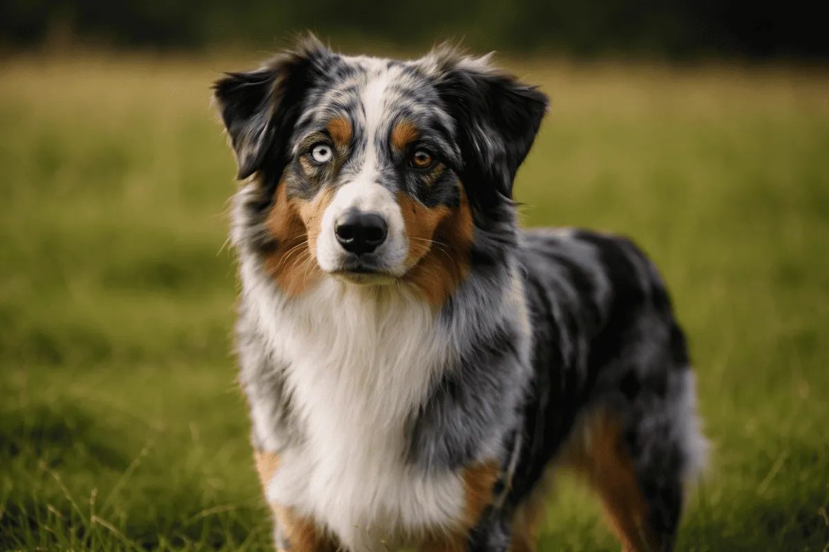 Blue-Merle Australian Shepherd mit typischem Merle-Fellmuster auf einem Waldweg.