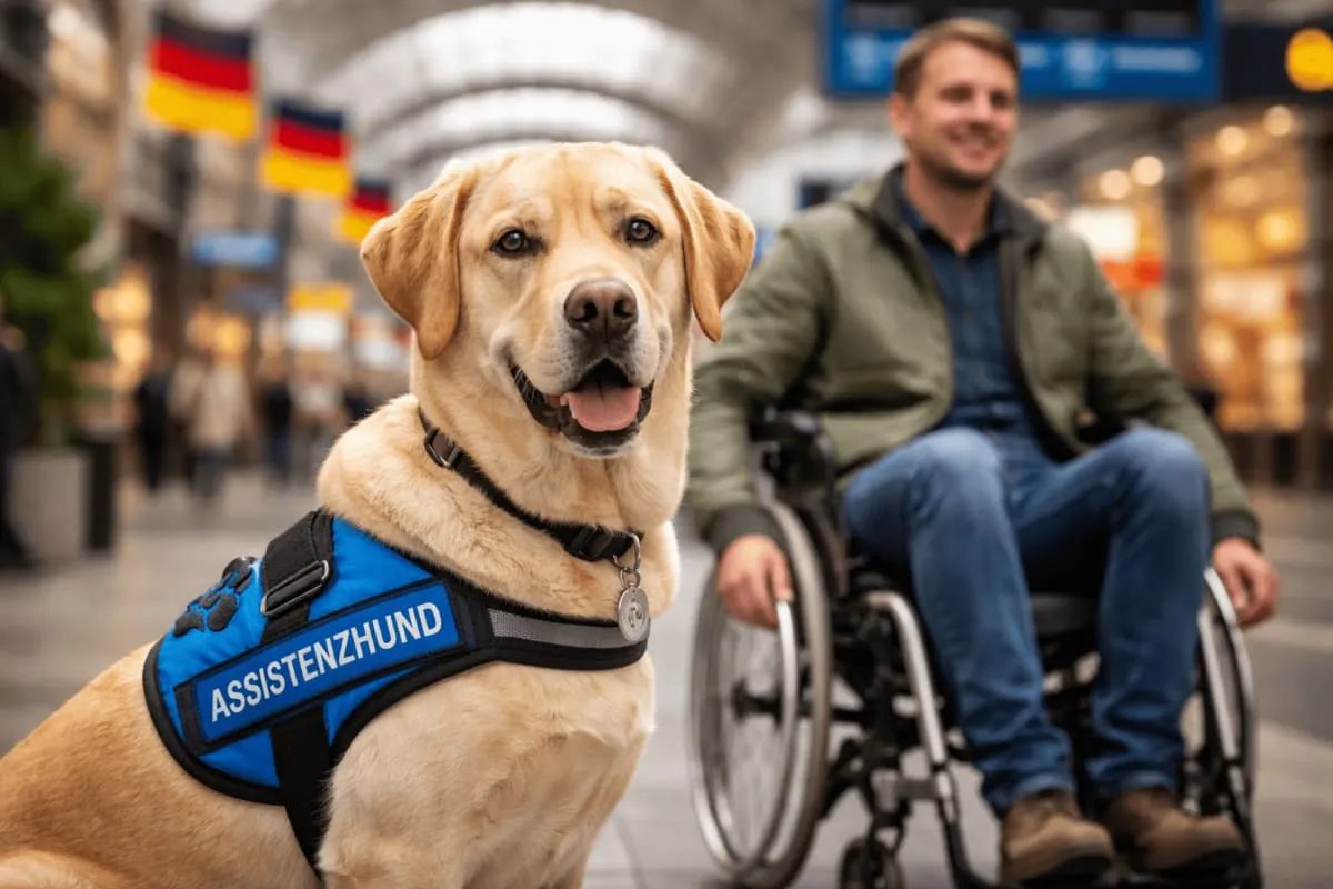 Assistenzhund mit blauem Geschirr sitzt aufmerksam vor seinem Halter im Rollstuhl in einer Bahnhofshalle – Beispiel für Assistenzhunde im öffentlichen Raum in Deutschland 🐕‍🦺