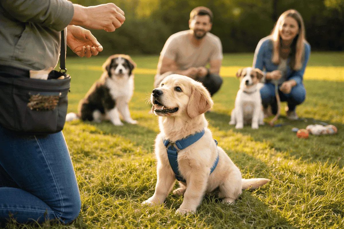 Welpenkurs im Freien: Welpe lernt Sitz mit positiver Verstärkung während einer Trainingsstunde mit anderen Hunden und Haltern