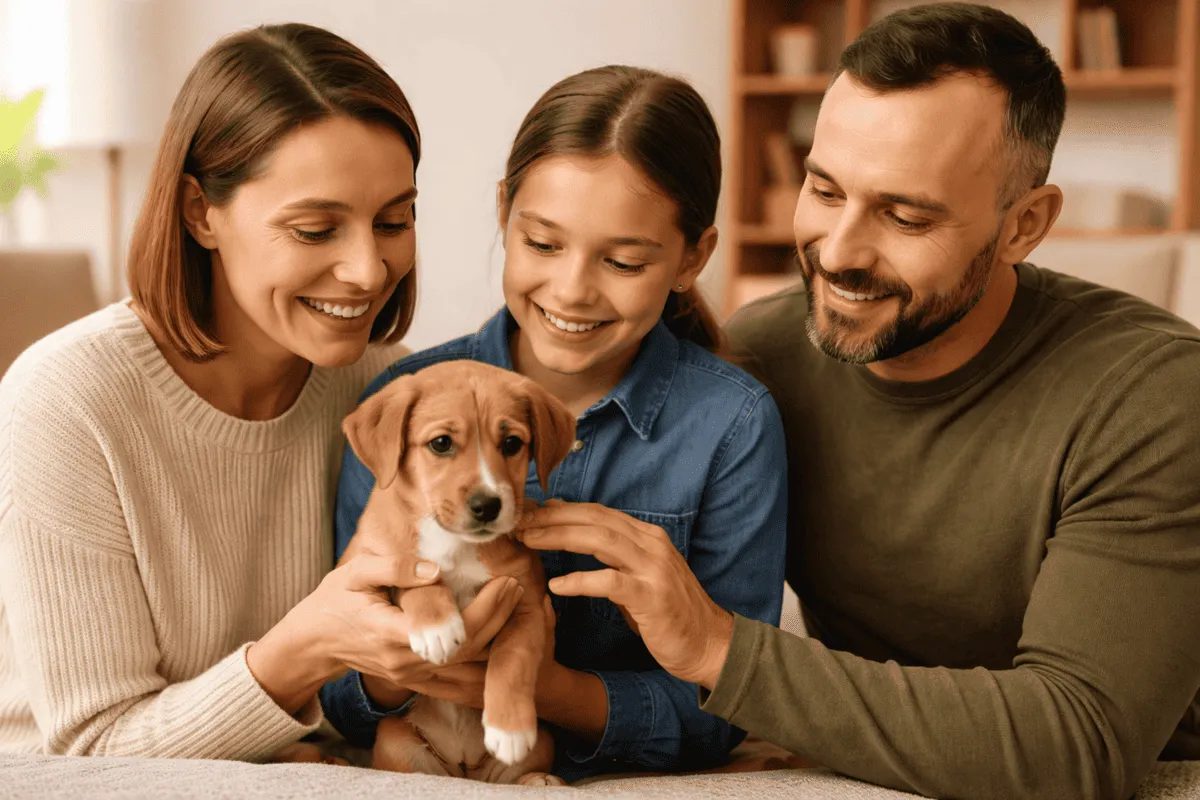 Familie mit Kind hält gemeinsam einen kleinen Welpen im Wohnzimmer – Beispiel für die Entscheidung, einen Hund als neues Familienmitglied aufzunehmen.