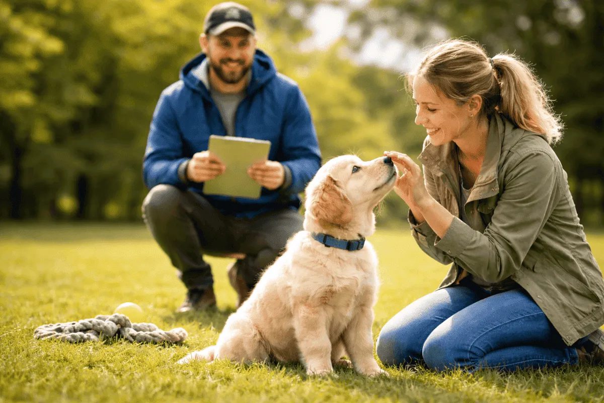 Hundetraining ohne Dominanz: Hundetrainerin belohnt einen jungen Hund im Training auf einer Wiese