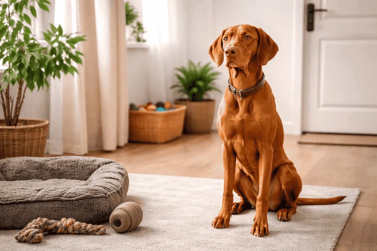Magyar Vizsla sitzt ruhig in einem Wohnzimmer neben seinem Hundebett und Spielzeug – Beispiel für entspanntes Alleinbleiben eines Hundes 🐾