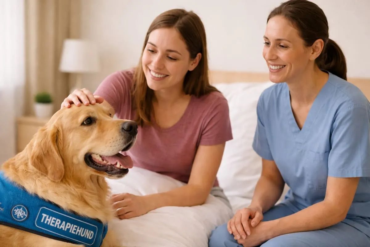 Therapiehund im Einsatz: Golden Retriever mit Therapiehund-Weste wird von einer Patientin und einer Pflegekraft in einer ruhigen therapeutischen Umgebung gestreichelt.