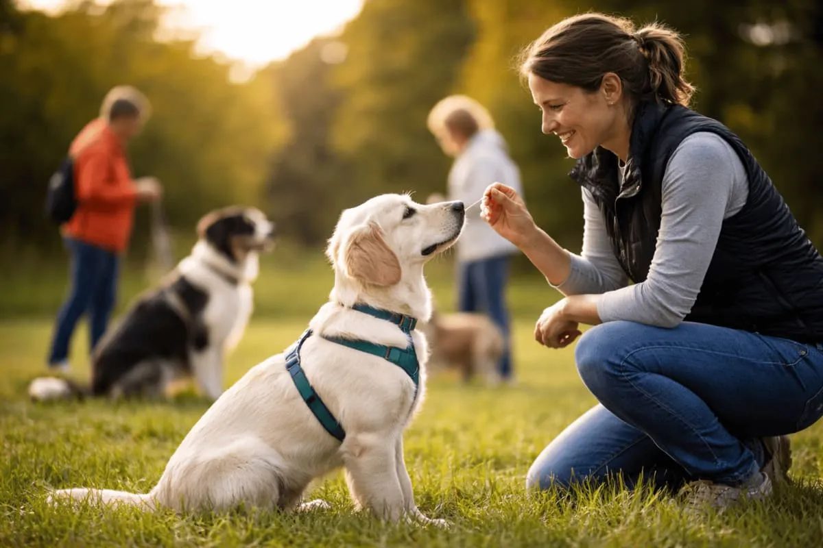 Gewaltfreies Hundetraining mit positiver Verstärkung – Trainerin belohnt jungen Hund im Gruppentraining im Freien
