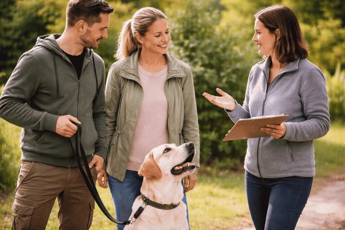 Hundetrainer und Verhaltenstherapeut beraten eine Hundehalterin mit ihrem Labrador während eines Trainingsgesprächs im Park.