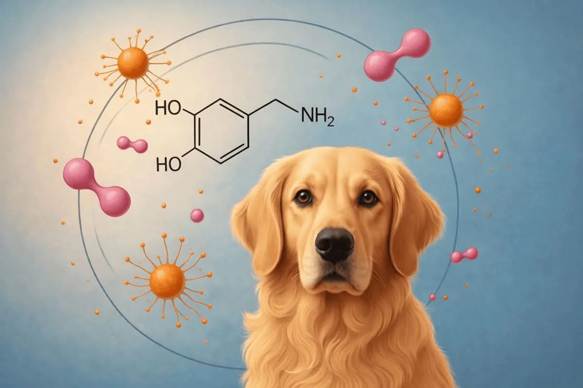 Golden Retriever vor wissenschaftlichem Hintergrund mit dargestellter chemischer Struktur eines Neurotransmitters – symbolisiert die Wirkung von Dopamin auf Motivation, Lernen, Belohnungssystem und Verhalten beim Hund.