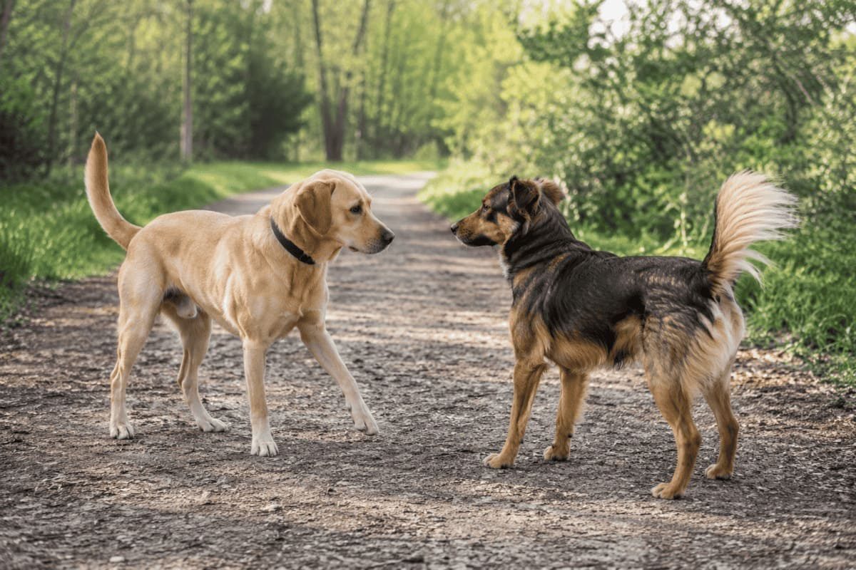 Zwei Hunde begegnen sich und zeigen unterschiedliche Körpersprache und Rutenhaltung zur Untersuchung von Kommunikation und Lateralität beim Hund.