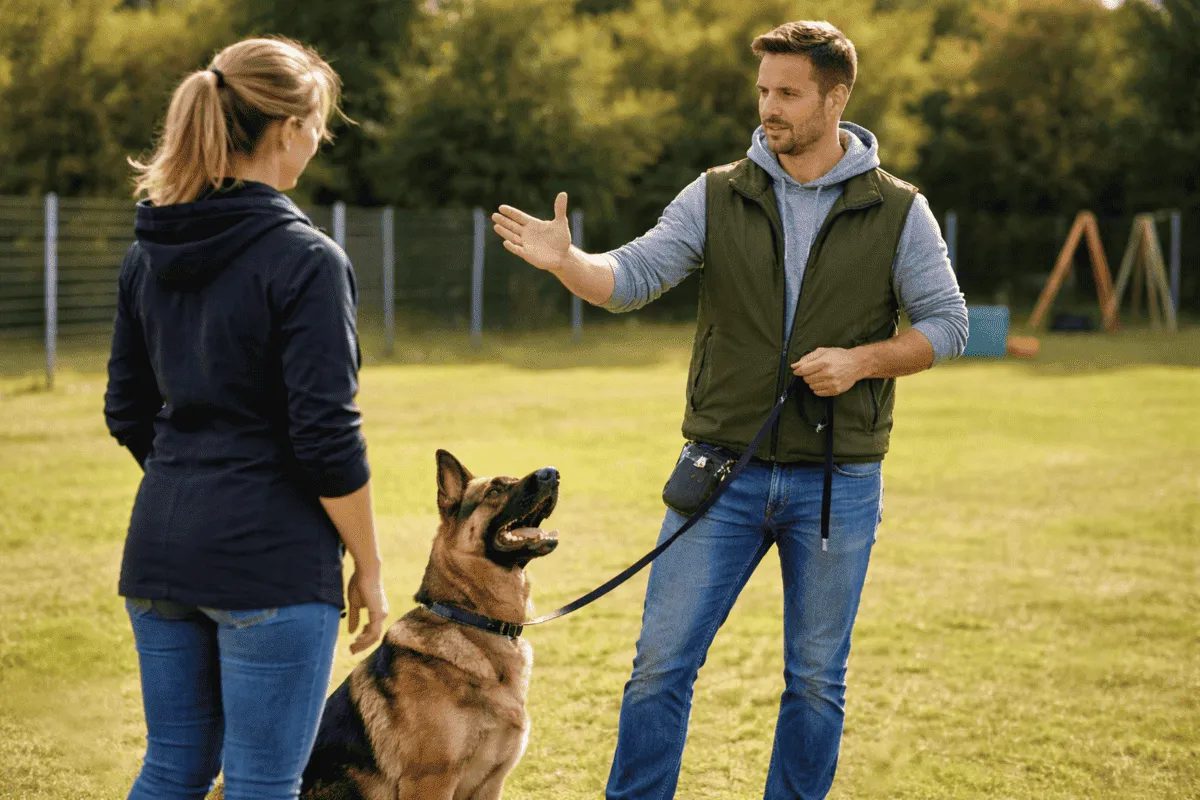 Hundetrainer erklärt Training mit Mensch-Hund-Team auf einem Trainingsplatz – praktische Hundetrainer-Ausbildung