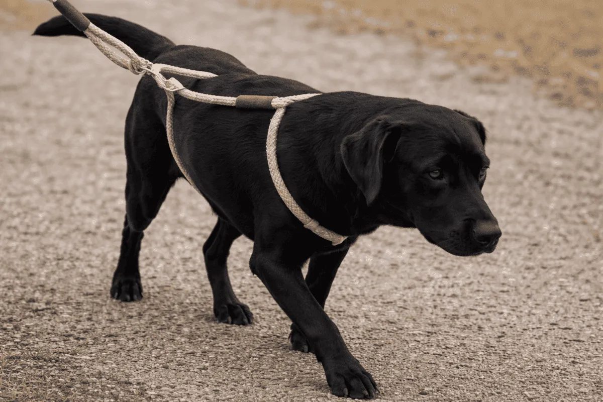 Hund mit Lendenleine – Beispiel für problematische und potenziell schmerzhafte Leinenführung beim Hundetraining
