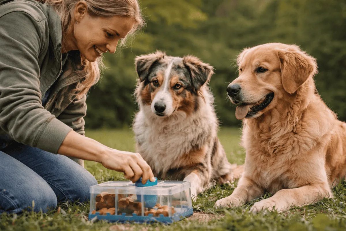Zwei Hunde beobachten eine Person beim Öffnen eines Futterpuzzles – Illustration für Überimitation und soziales Lernen bei Hunden.