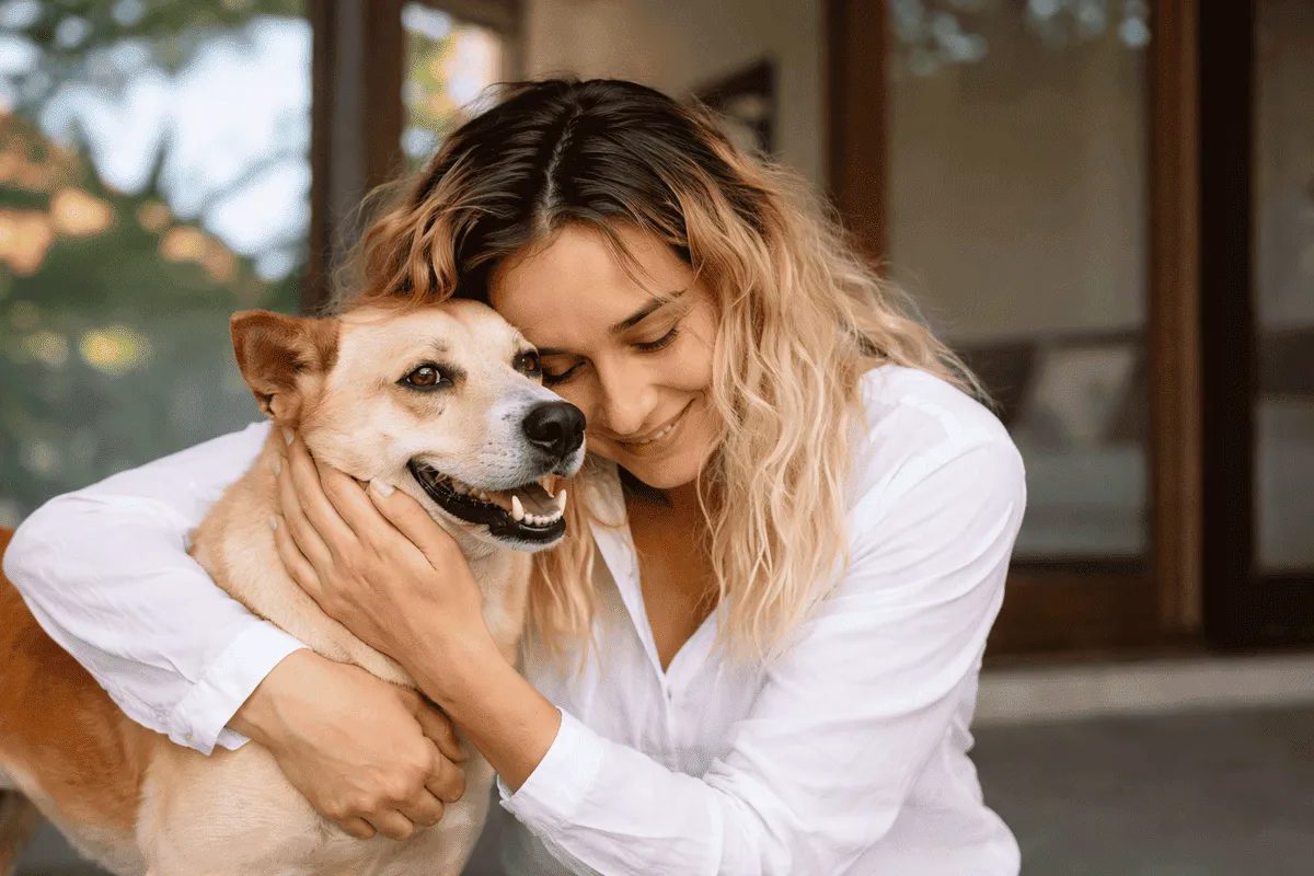 Frau umarmt ihren Hund liebevoll – enge Bindung und Vertrauen zwischen Mensch und Hund