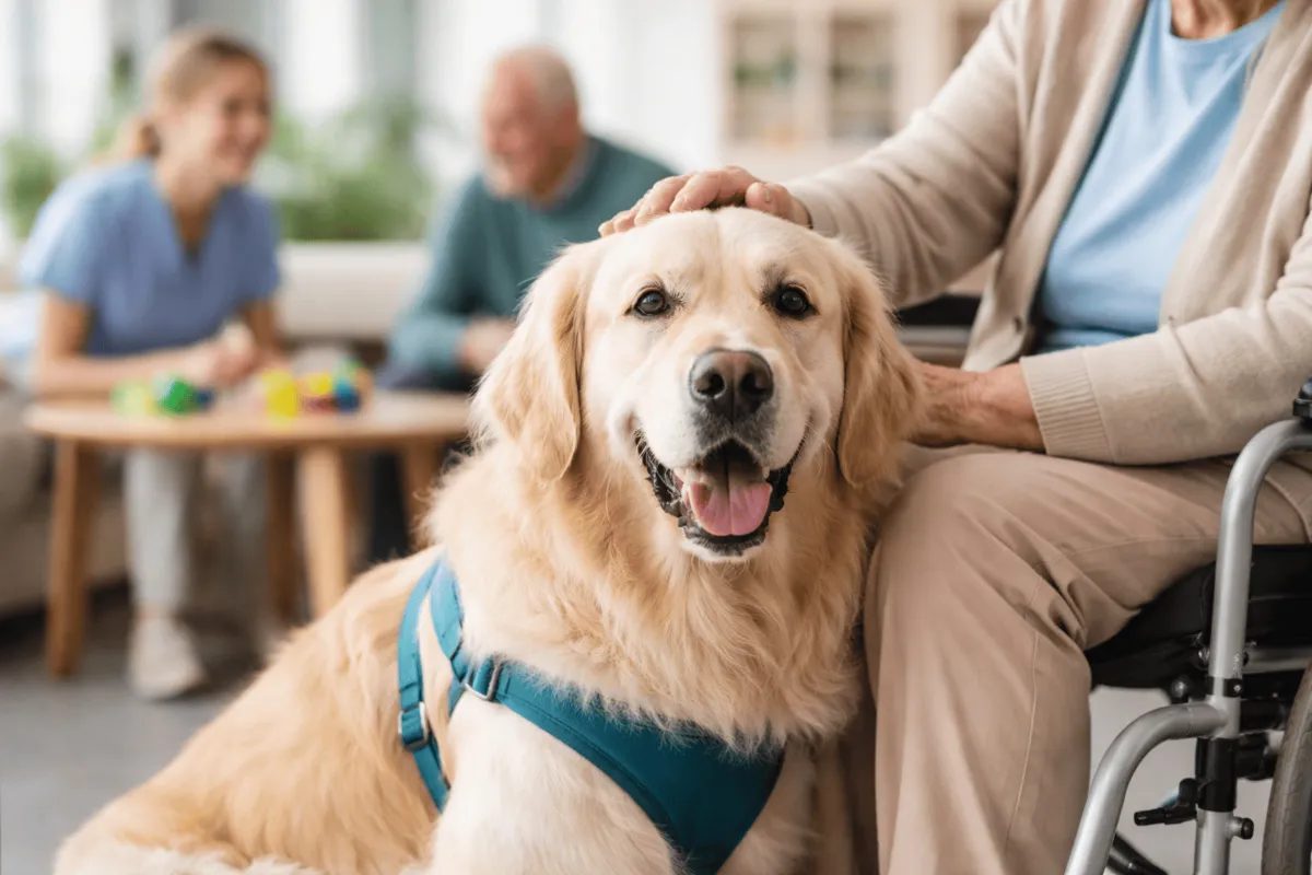 Therapiehund im Einsatz bei einer älteren Person in einer Einrichtung, ruhiger und freundlicher Hund wird gestreichelt und wirkt entspannt