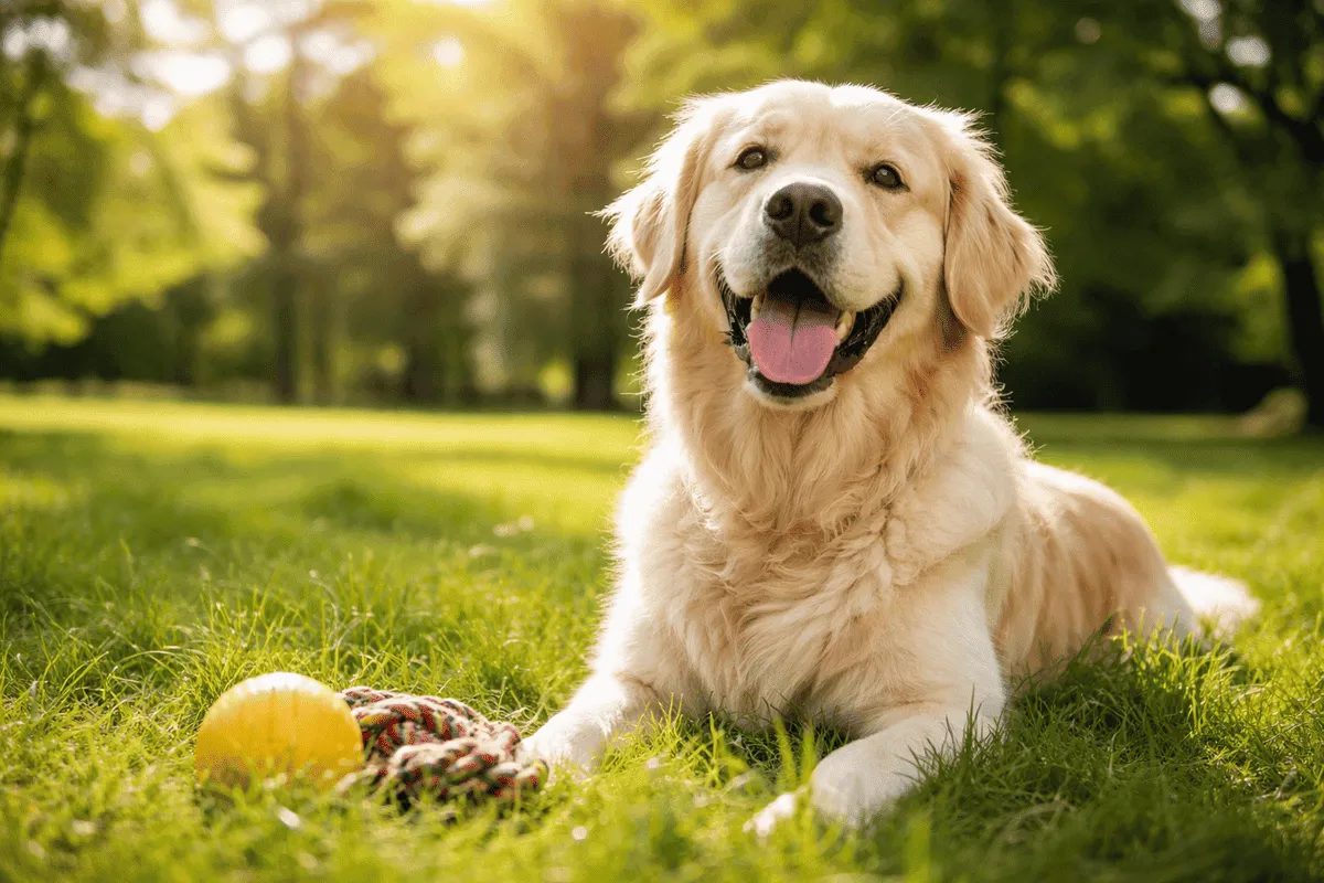 Glücklicher Golden Retriever liegt entspannt im Gras in einem sonnigen Park und spielt mit einem Ball – Zeichen für Wohlbefinden und Zufriedenheit beim Hund.