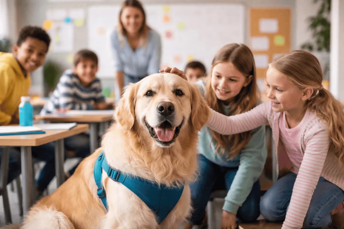 Schulhund im Klassenzimmer mit Kindern, entspannter Hund wird von Schülern gestreichelt und wirkt ruhig und freundlich