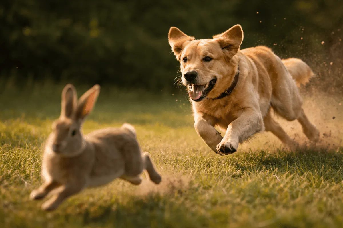 Hund jagt ein Kaninchen über eine Wiese – Symbolbild für Jagdverhalten und den Mythos des sogenannten Beutetriebs bei Hunden.