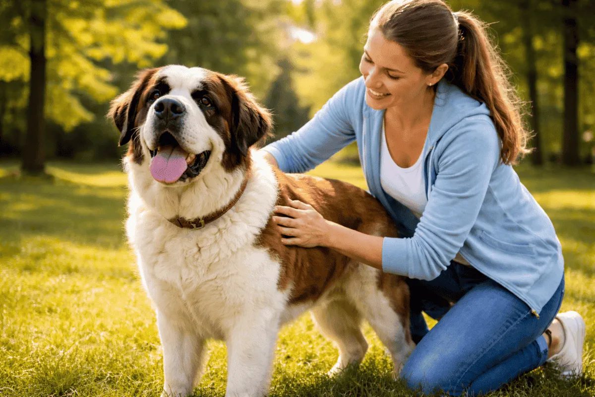 Frau überprüft im Park die Körperkondition eines Bernhardiners, indem sie die Rippen tastet – Beispiel zur Einschätzung des Idealgewichts beim Hund.