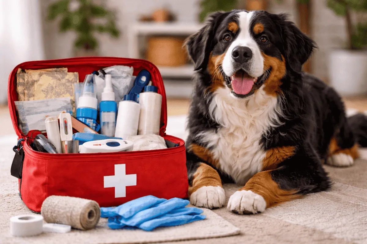 Berner Sennenhund liegt neben einer geöffneten Erste-Hilfe-Box für Hunde mit Verbandsmaterial, Handschuhen und Thermometer auf dem Boden.