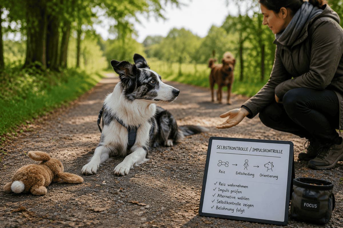 Hund zeigt Selbstkontrolle und orientiert sich trotz Ablenkung an seinem Menschen während einer Verhaltenstrainingssituation.