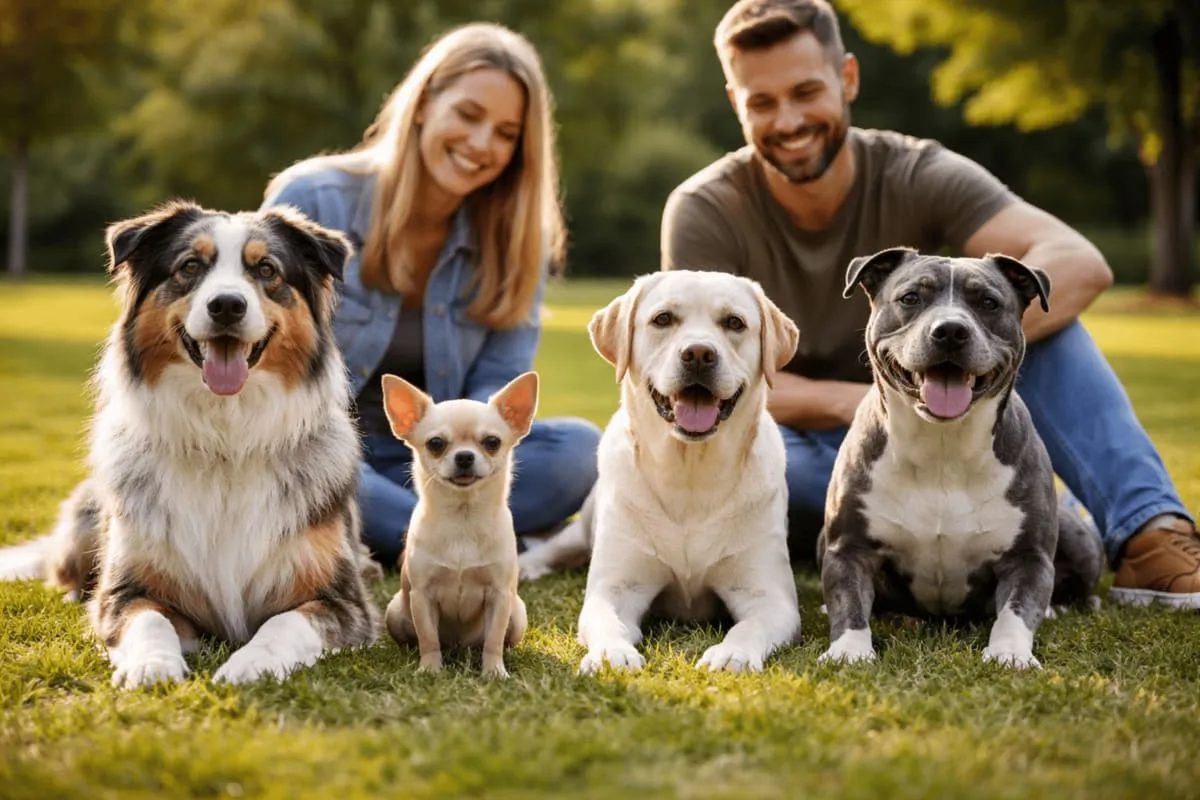 Vier Hunde unterschiedlicher Rassen (Australian Shepherd, Chihuahua, Labrador und Staffordshire Terrier) sitzen entspannt nebeneinander auf einer grünen Wiese im Park, während zwei Menschen im Hintergrund lächelnd zuschauen