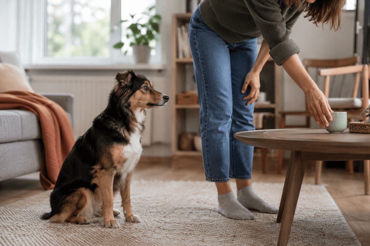 Hund beobachtet eine menschliche Handlung im Alltag und zeigt Aufmerksamkeit während einer Untersuchung von Gedächtnis und Lernen.