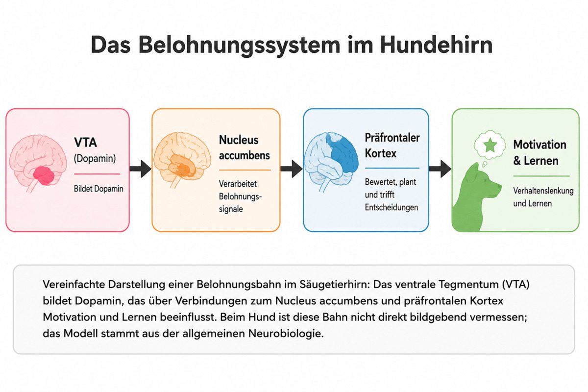Vereinfachte Darstellung des Belohnungssystems im Hundehirn: Das ventrale Tegmentum (VTA) produziert Dopamin, das über Verbindungen zum Nucleus accumbens und zum präfrontalen Kortex Motivation und Lernen verstärkt.