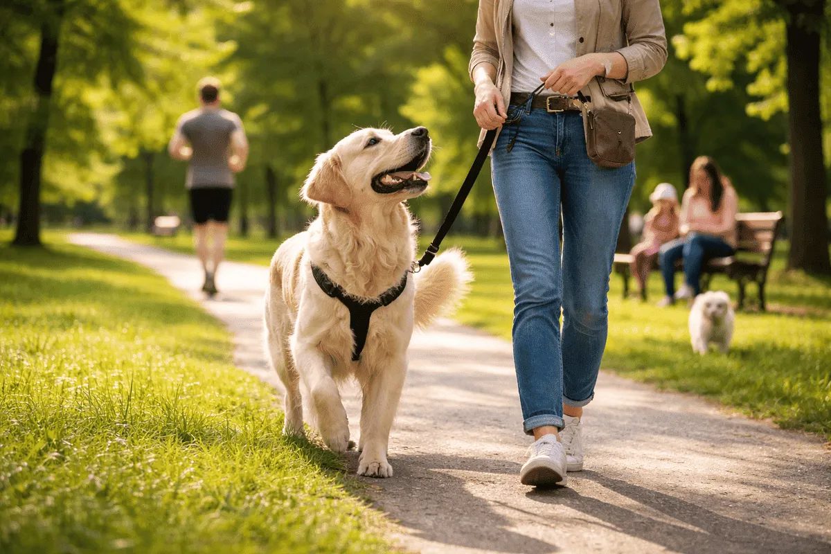 Frau geht mit angeleintem Hund entspannt durch einen Park und zeigt verantwortungsvollen Umgang mit Hunden in der Öffentlichkeit