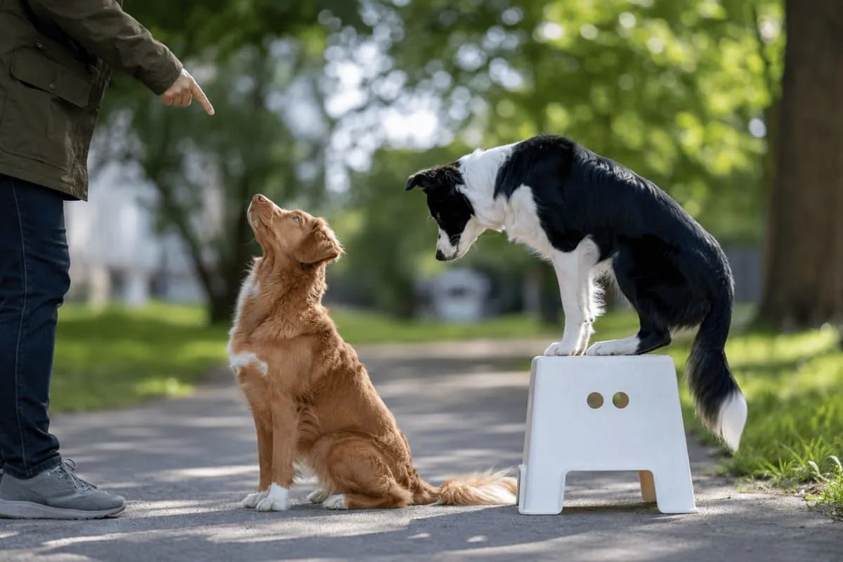 Ein Hundetrainer gibt ein Signal an zwei Hunde während einer Trainingseinheit im Freien. Ein Hund sitzt aufmerksam vor dem Menschen, während ein Border Collie auf einem Podest steht und ebenfalls auf das Signal reagiert. Die Szene veranschaulicht soziales Lernen, Beobachtung und kooperatives Hundetraining in einer natürlichen Umgebung.
