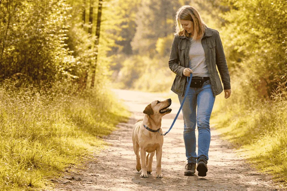 Hund läuft entspannt an lockerer Leine neben seiner Halterin auf einem Waldweg – Beispiel für ruhige und harmonische Leinenführigkeit beim Spaziergang.