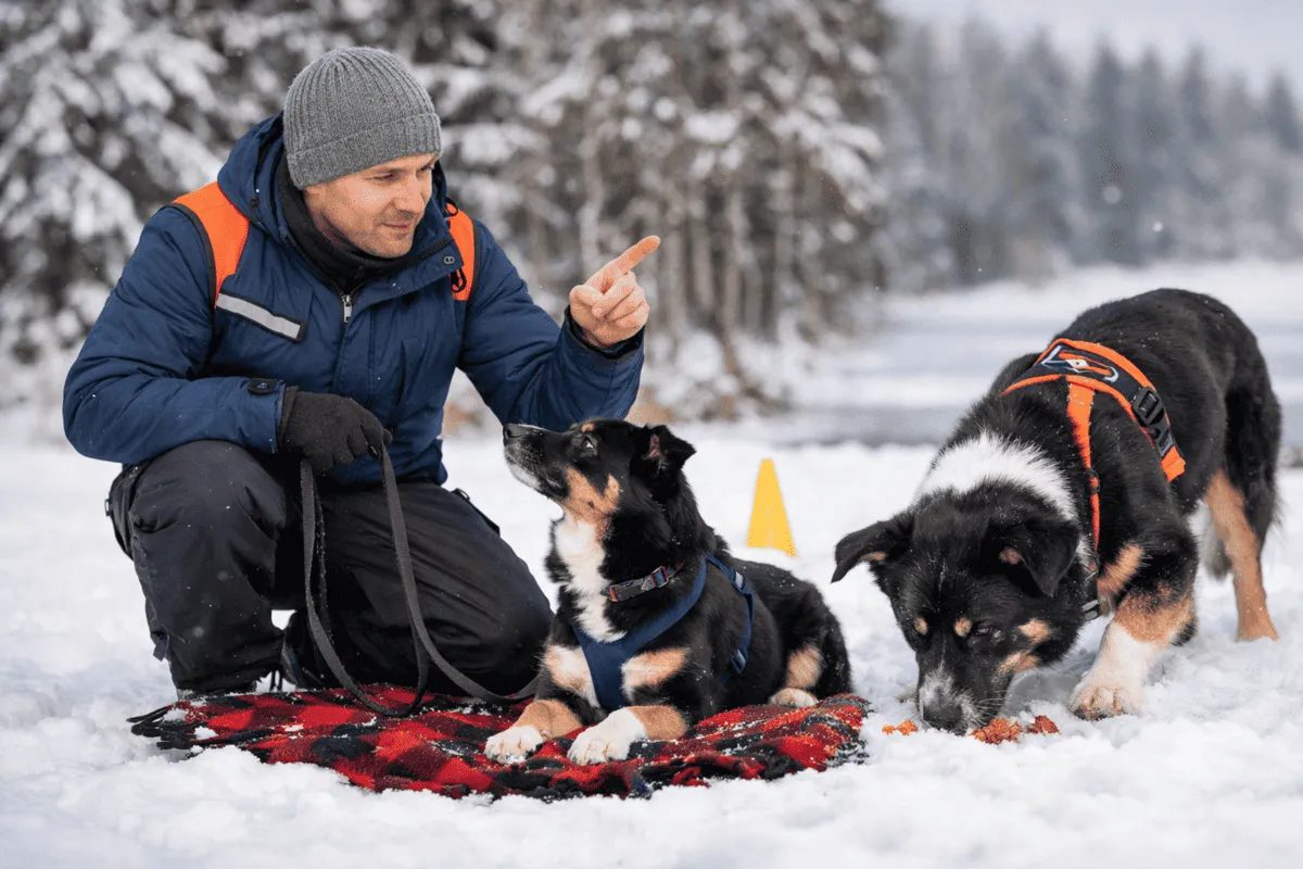 Hundetraining im Winter: Hundetrainer übt mit zwei Hunden Impulskontrolle und Nasenarbeit im Schnee während eines Winterspaziergangs