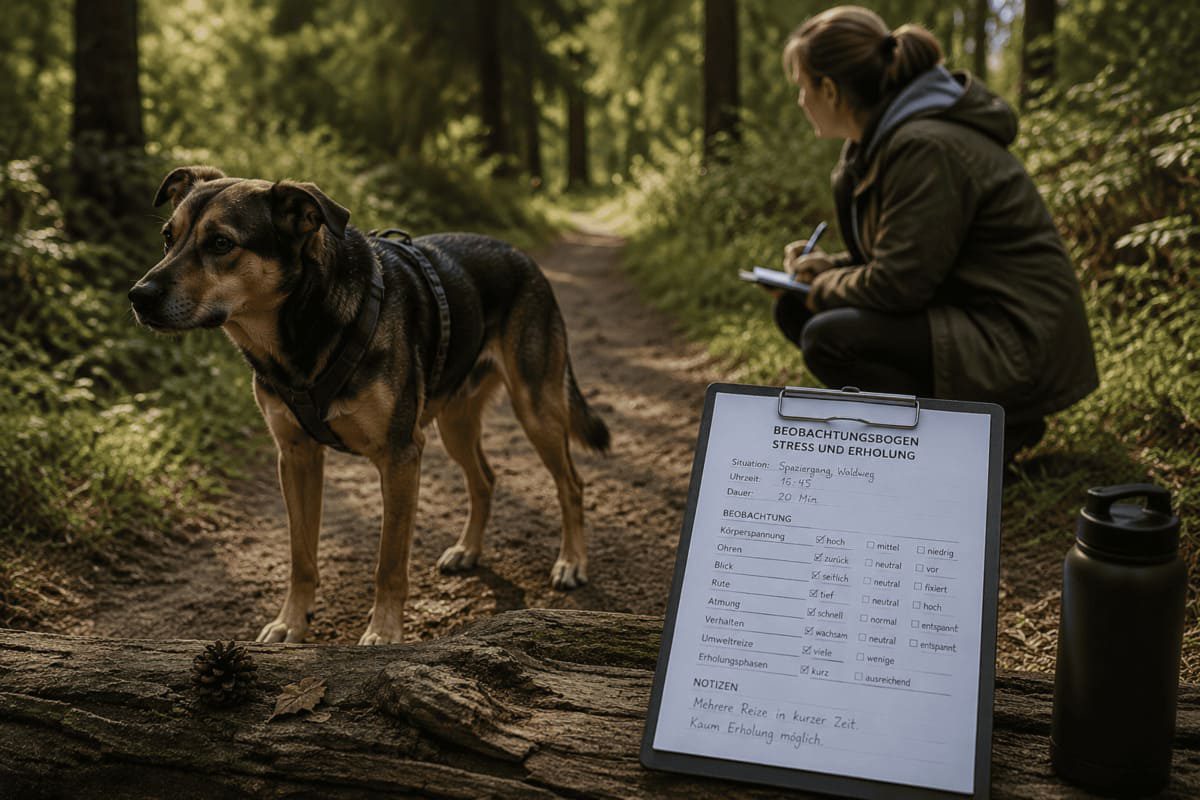 Hund wird während einer Verhaltenseinschätzung im Freien beobachtet, um Körpersprache, Stressanzeichen und Erholungsfähigkeit zu beurteilen.