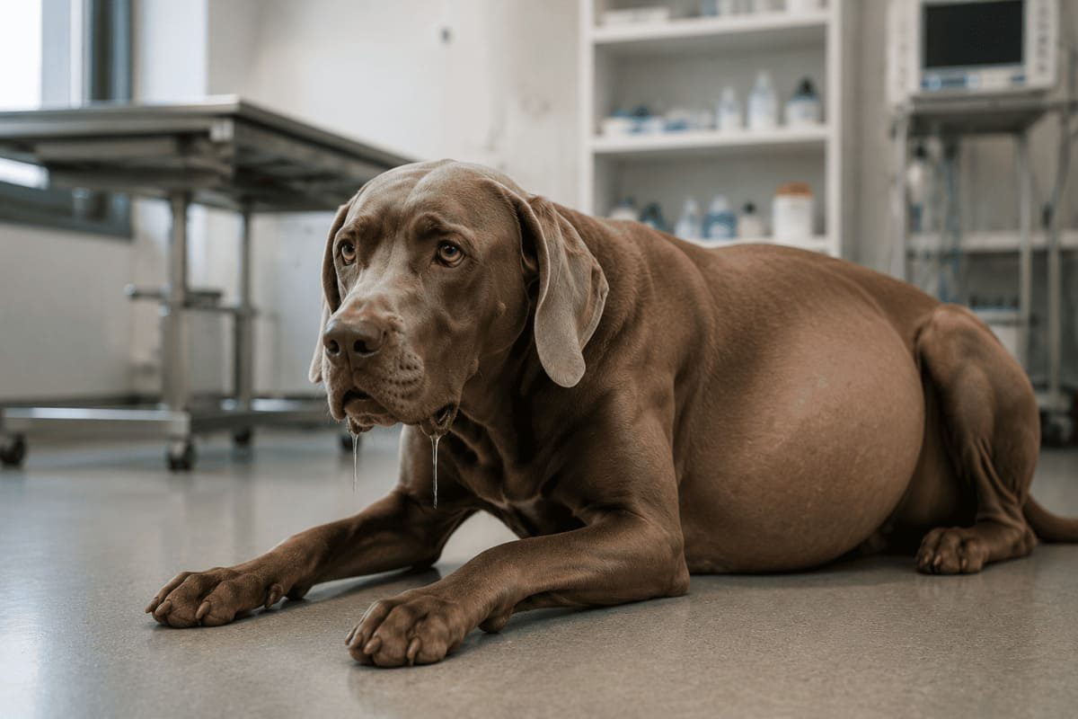 Großer Hund mit aufgeblähtem Bauch liegt in einer Tierklinik und zeigt Anzeichen eines akuten Notfalls. Der Hund wirkt unruhig und geschwächt, während die tiermedizinische Umgebung im Hintergrund auf eine Untersuchung wegen möglicher Magendrehung hinweist. Das Bild symbolisiert die schnelle Erkennung und Behandlung einer Magendrehung beim Hund.