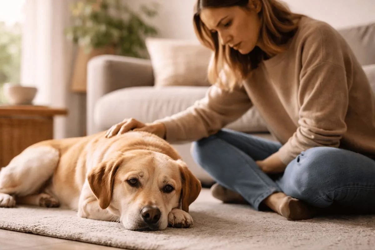 Hund mit möglichem Schmerz liegt ruhig am Boden, während Besitzer aufmerksam Verhalten beobachtet und vorsichtig Kontakt aufnimmt