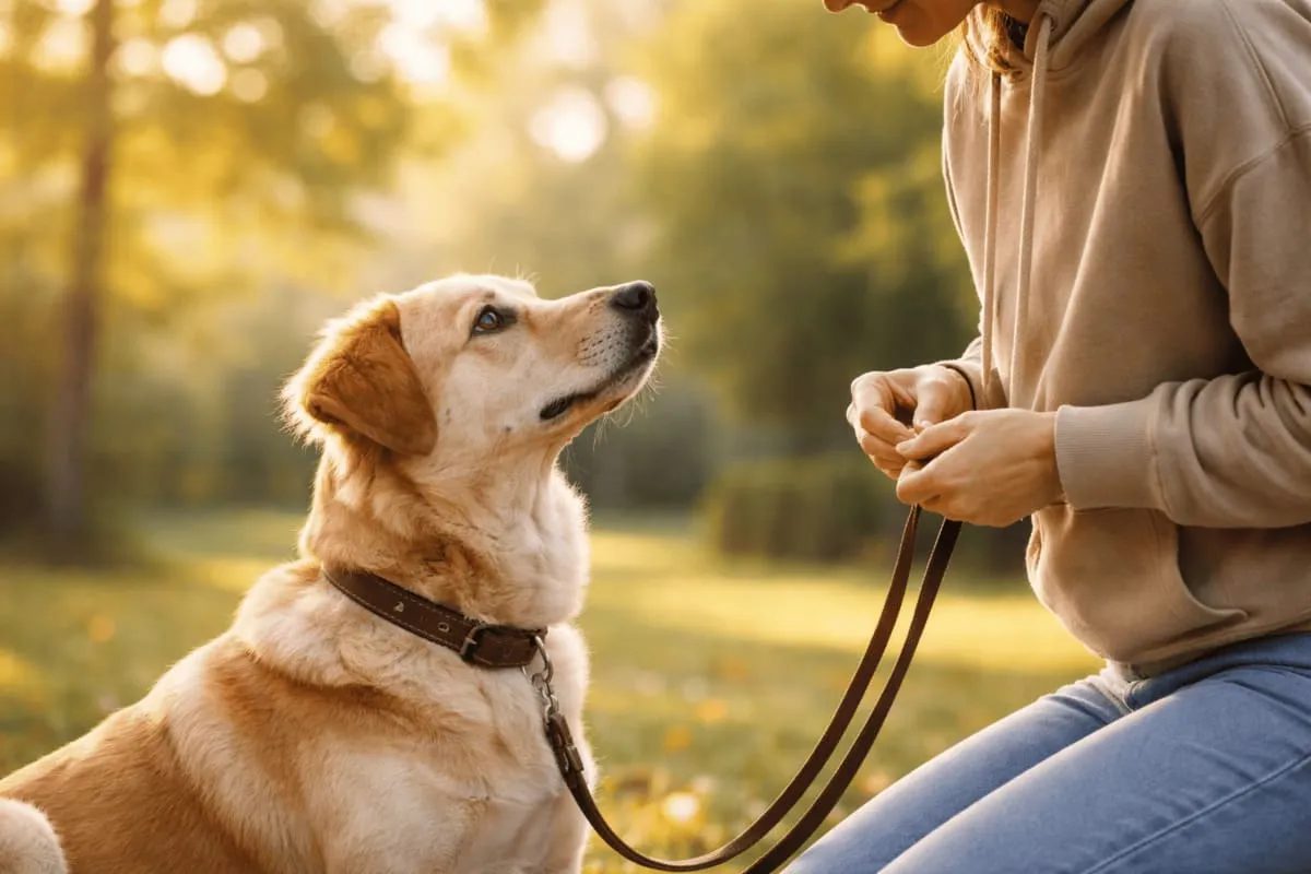 Emotionsbasiertes Hundetraining – Hund schaut aufmerksam und ruhig zu seinem Menschen während einer entspannten Trainingseinheit im Freien mit positiver Verstärkung