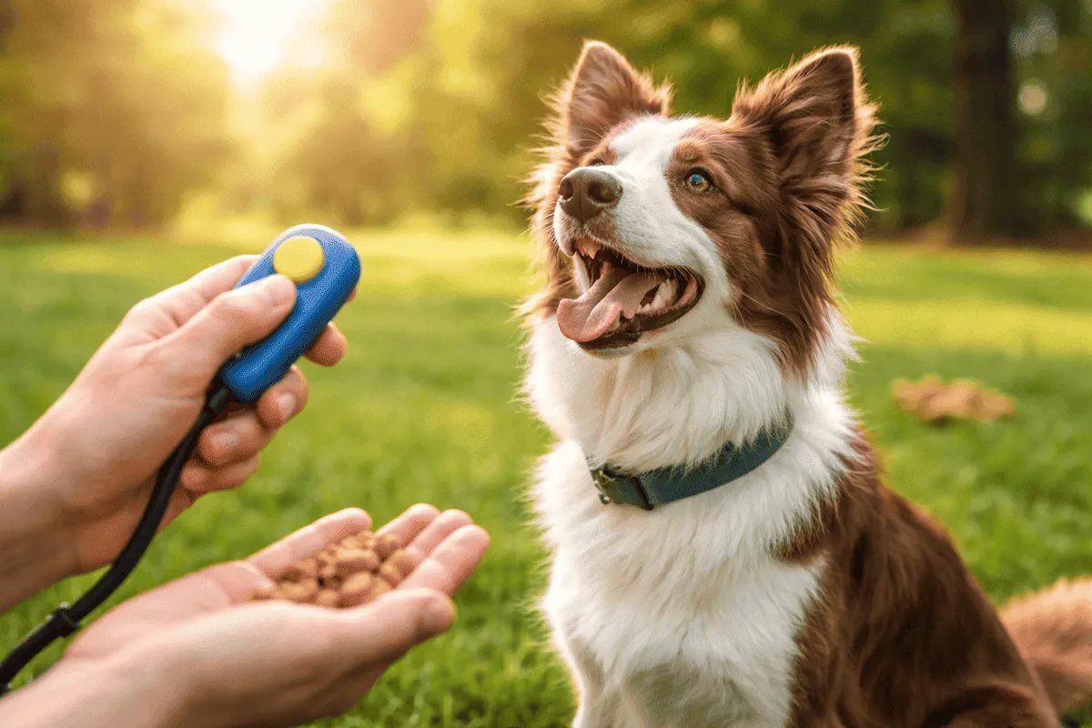 Hund beim Clickertraining im Park – Trainer nutzt Clicker und Leckerlis zur positiven Verstärkung beim Hundetraining 🐾